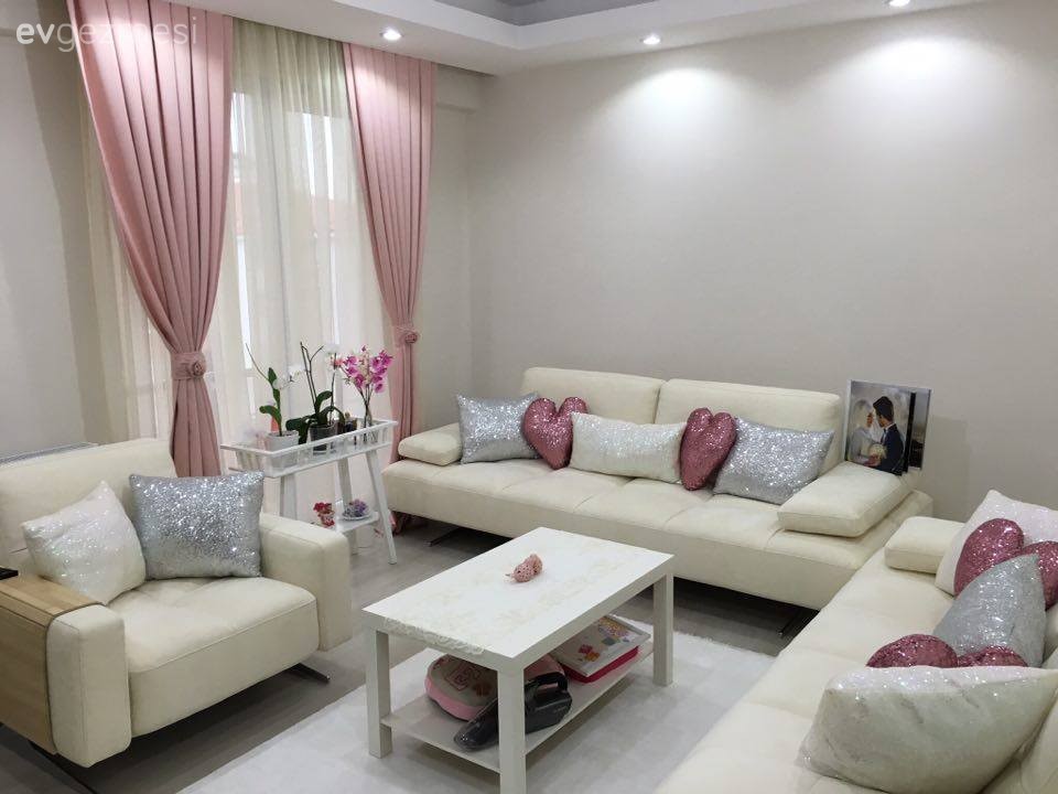 Beyaz, Pembe, Perde, Salon, Kırlent