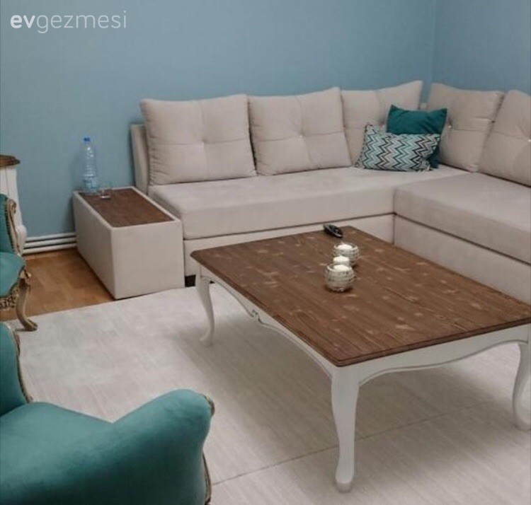 Ahşap Mobilya, Berjer, Halı, Krem, Mavi, Oturma Odası, Sehpa