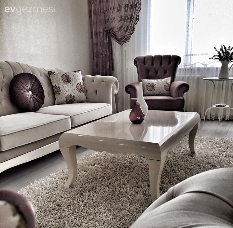 Beyaz, Halı, Mor, Perde, Salon, Sehpa