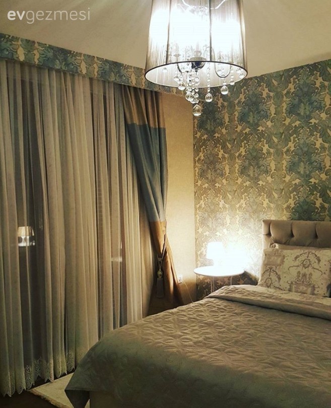 Avize, Aydınlatma, Duvar kağıdı, Fon perde, Mavi, Perde, Yatak Odası