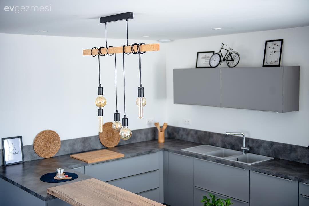 Mutfak, U-tipi mutfak, Sarkıt, Mutfak Avize Modelleri, Gri mutfak, Gri, Modern mutfak, Mutfak tezgahı