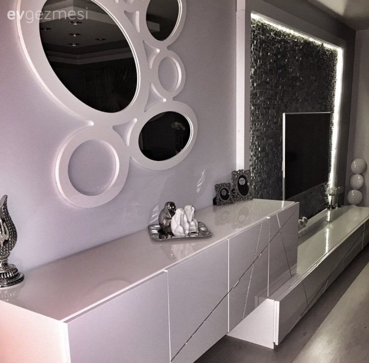 Ayna, Led aydınlatma, Salon, Taş duvar, Tv ünitesi
