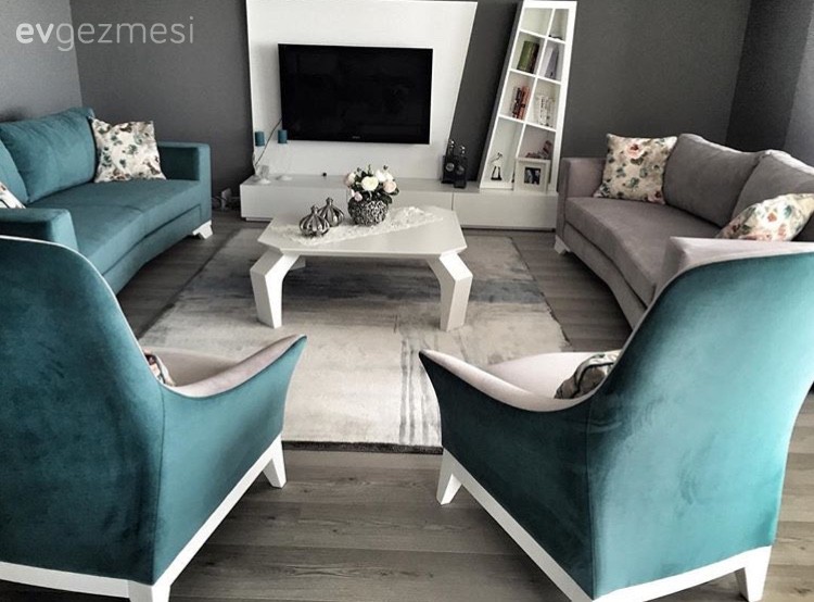 Gri, Halı, Mavi, Modern, Orta sehpa, Salon, Tv ünitesi, Vintage