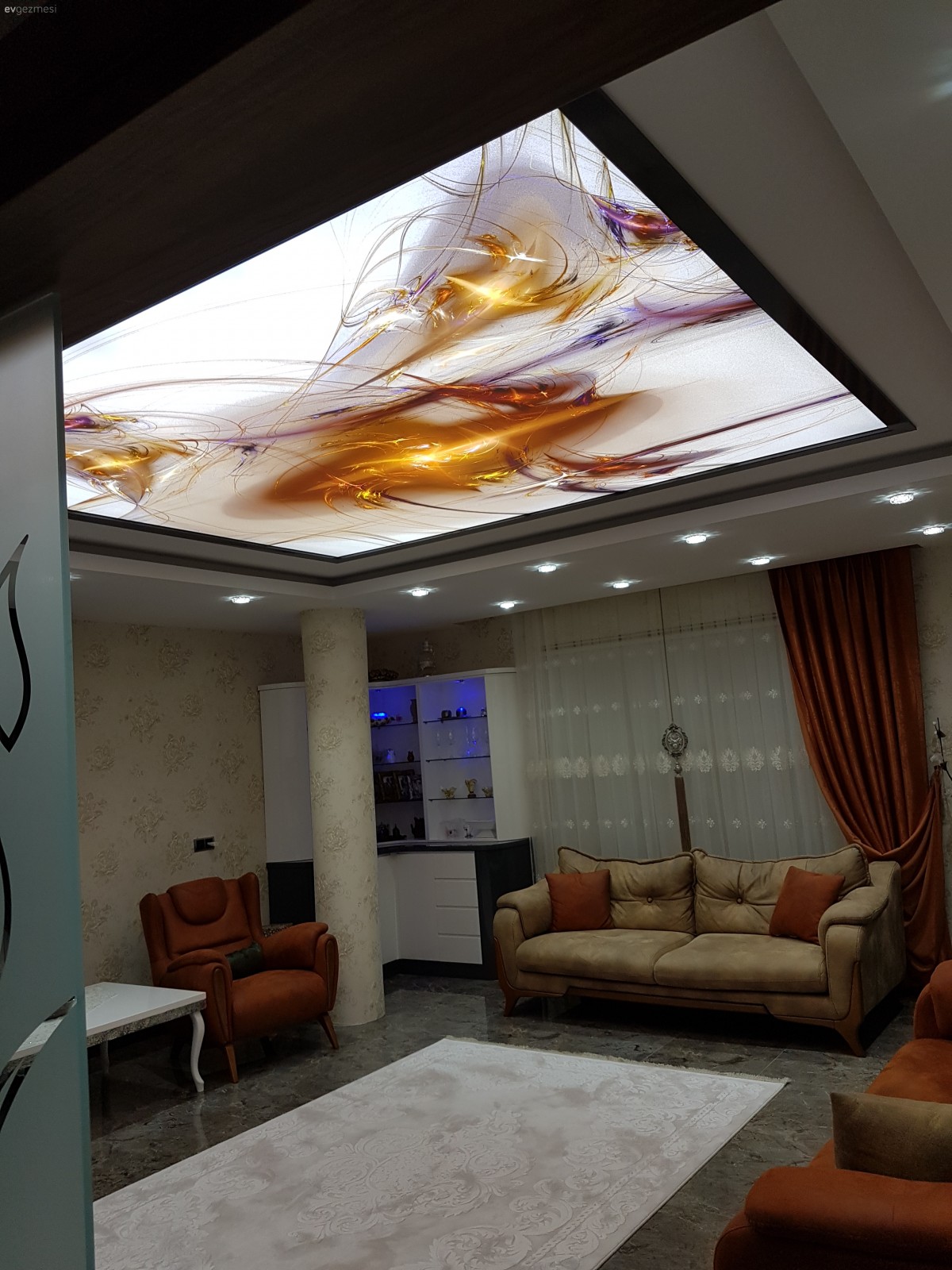Berjer, Fon perde, Gergi tavan, Krem, Salon, Turuncu, Perde