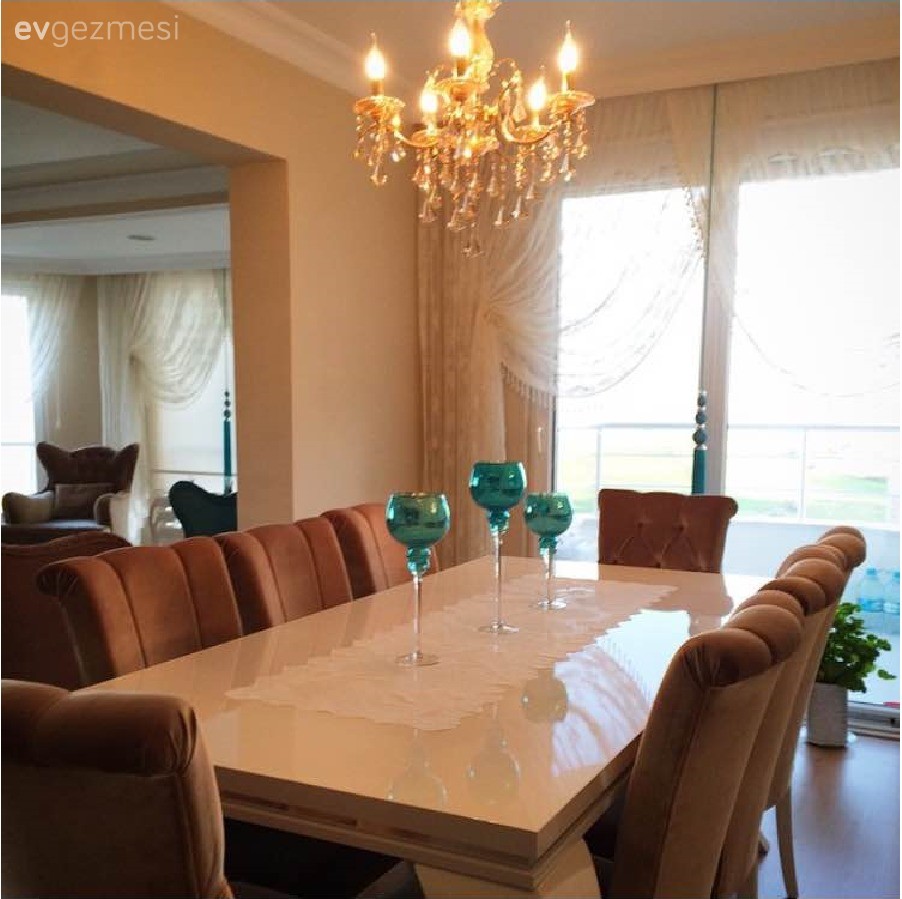 Yemek Odası, Aydınlatma, Mavi, Beyaz, Kahverengi