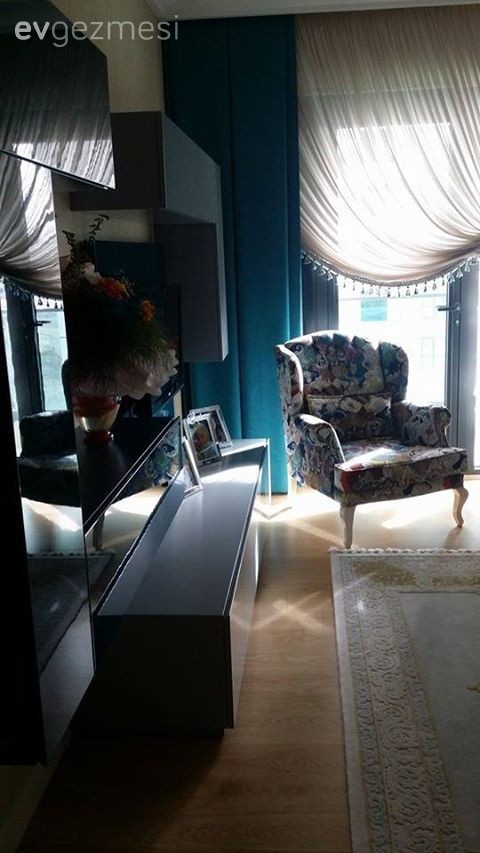 Berjer, Fon perde, Mavi, Oturma Odası, Tv ünitesi, Perde