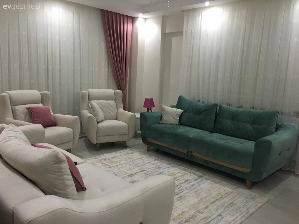 Berjer, Fon perde, Halı, Krem, Salon, Yeşil, Perde