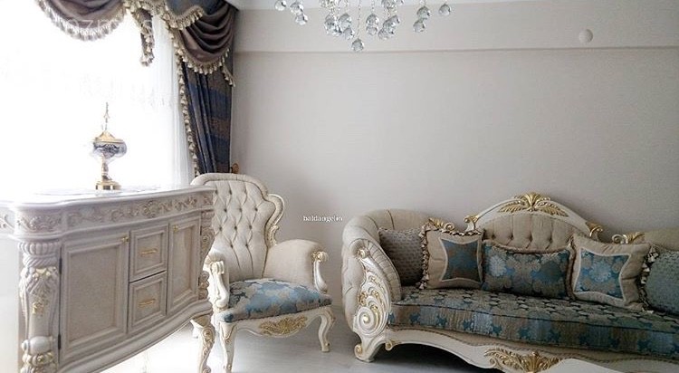 Altın, Berjer, Konsol, Mavi, Perde, Salon