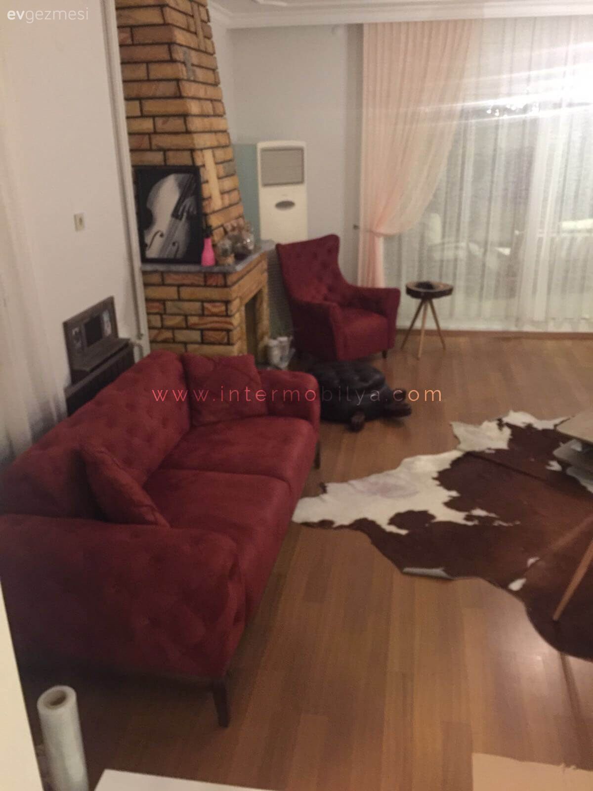 Berjer, Bordo, Halı, Salon, Şömine