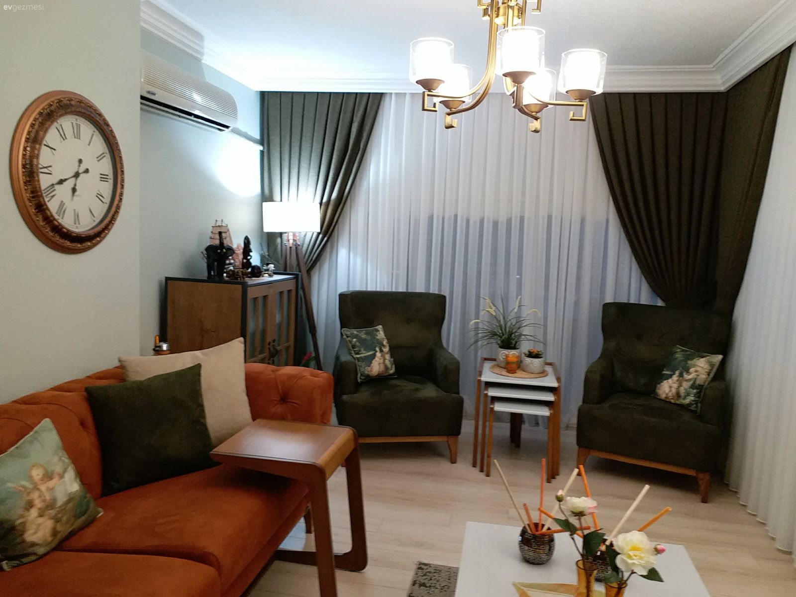 Duvar saati, Salon, Berjer, Turuncu, Yeşil, Avize