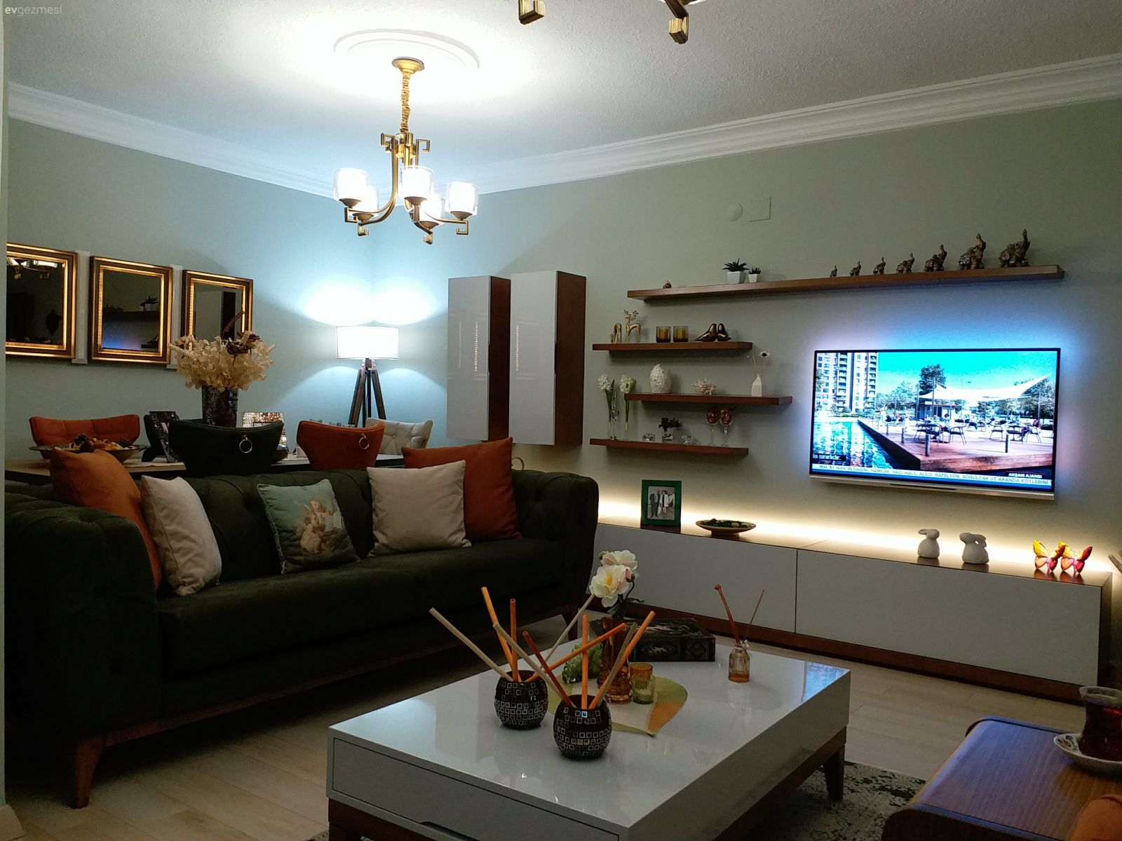 Tv ünitesi, Salon, Yeşil, Orta sehpa, Avize