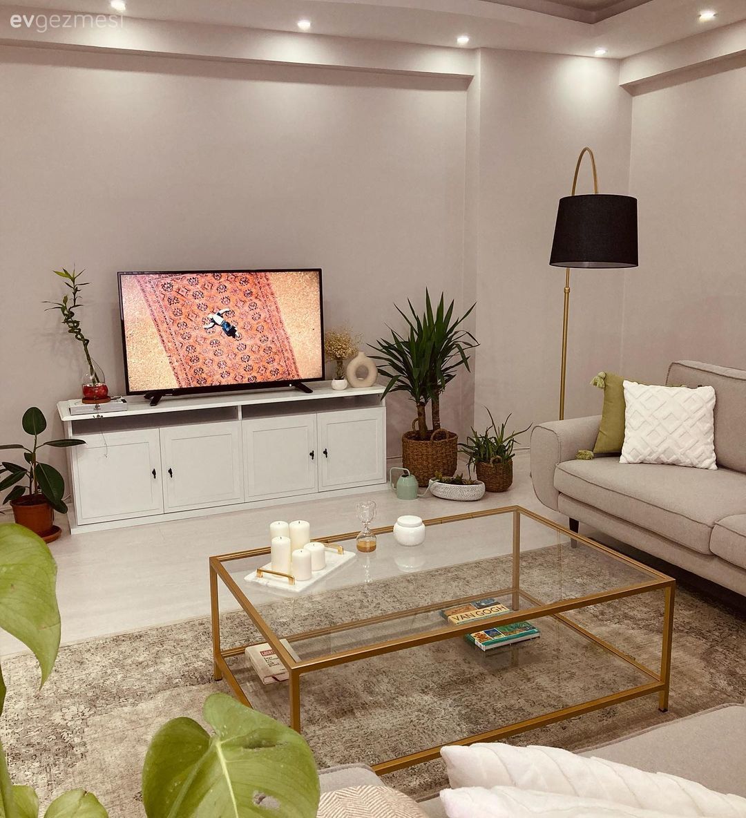 Salon, Modern, Beyaz, Altın, Bej, Gri, Tv ünitesi, Tv ünitesi aksesuarları, Ev Aksesuar, Koltuk takımı, Halı, Salon halısı, Lambader, Aydınlatma, Ev bitkisi, Kırlent, Ev tekstili, Cam orta sehpa, Orta sehpa, Saksı