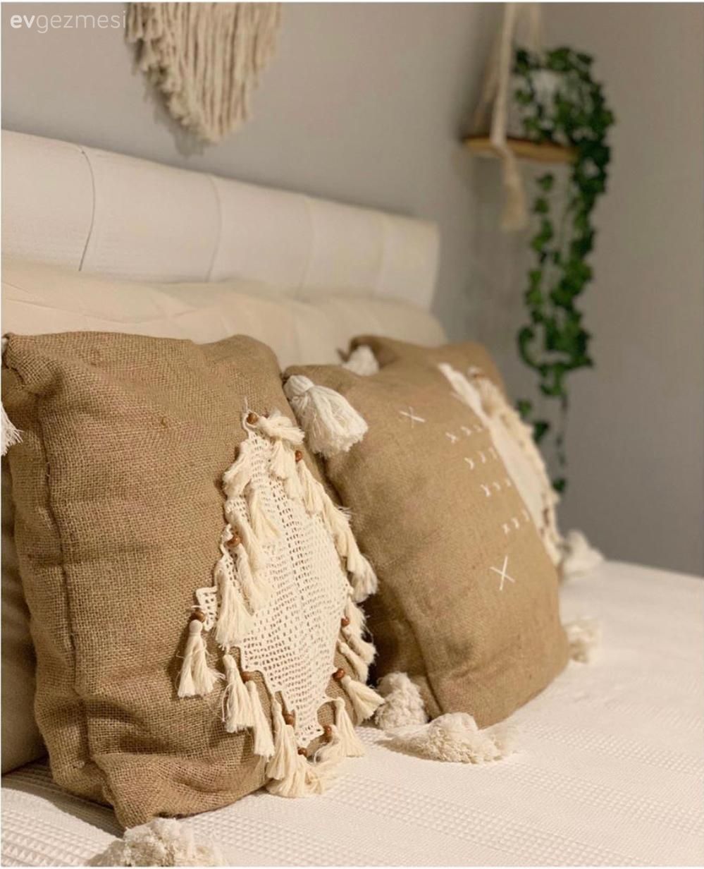 Yatak Odası, Bohem Dekorasyon, Beyaz, Vizon, Krem, Yatak örtüsü, Kırlent, Ev tekstili, Makrome, Ev bitkisi