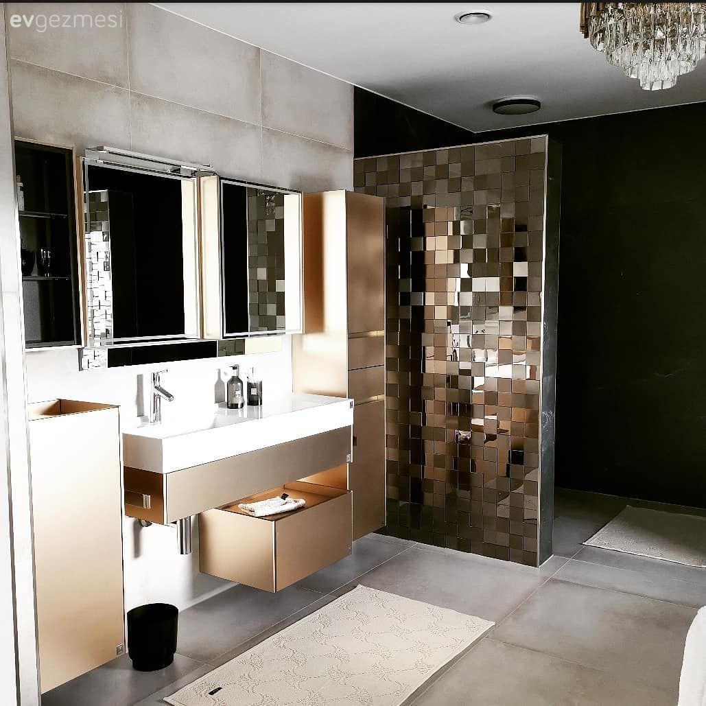 Banyo, Art deko, Altın, Banyo dolabı, Beyaz, Banyo aynası