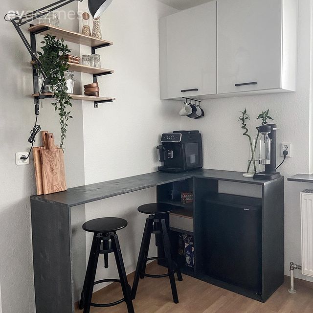 Siyah, Beyaz, Mutfak masası, Tabure, Mutfak rafı, Mutfak