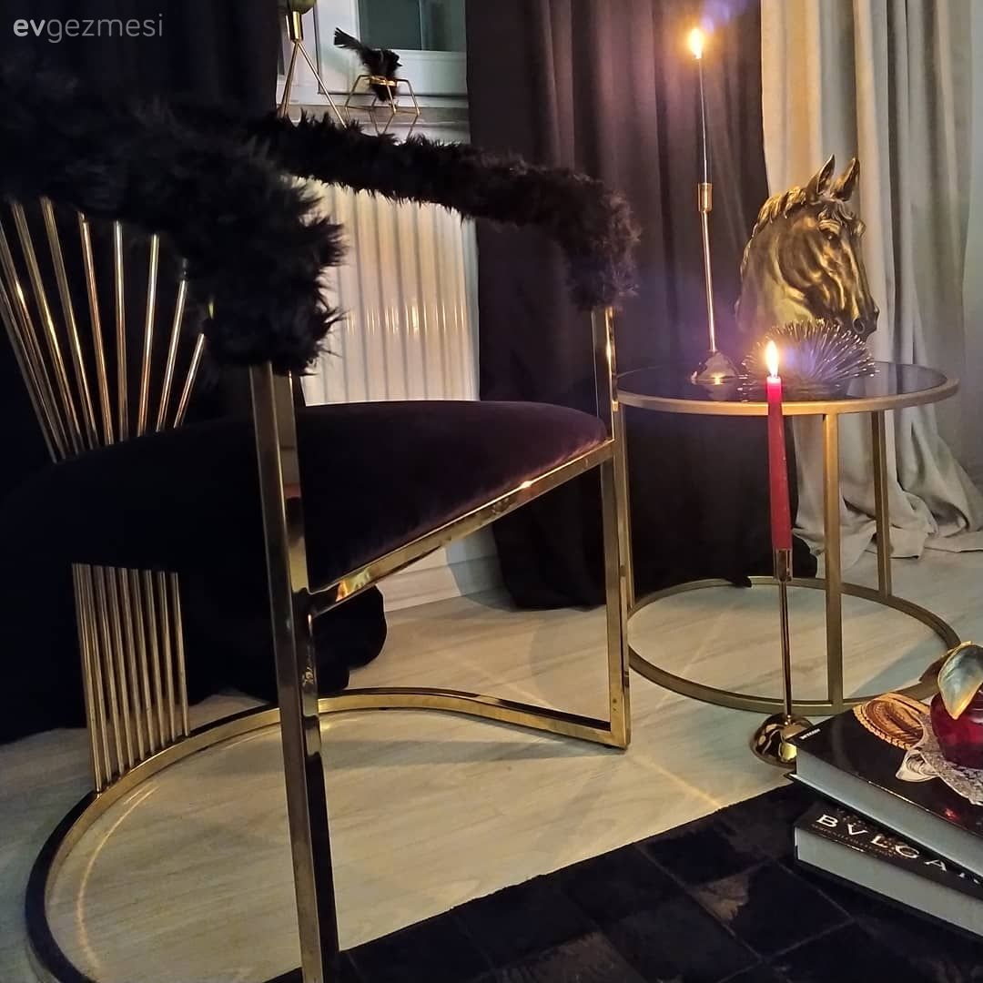 Berjer, Altın, Siyah, Peluş, Metal ayaklı sehpa, Sehpa, Dekoratif Objeler, Sehpa üstü aksesuarı, Ev Aksesuar