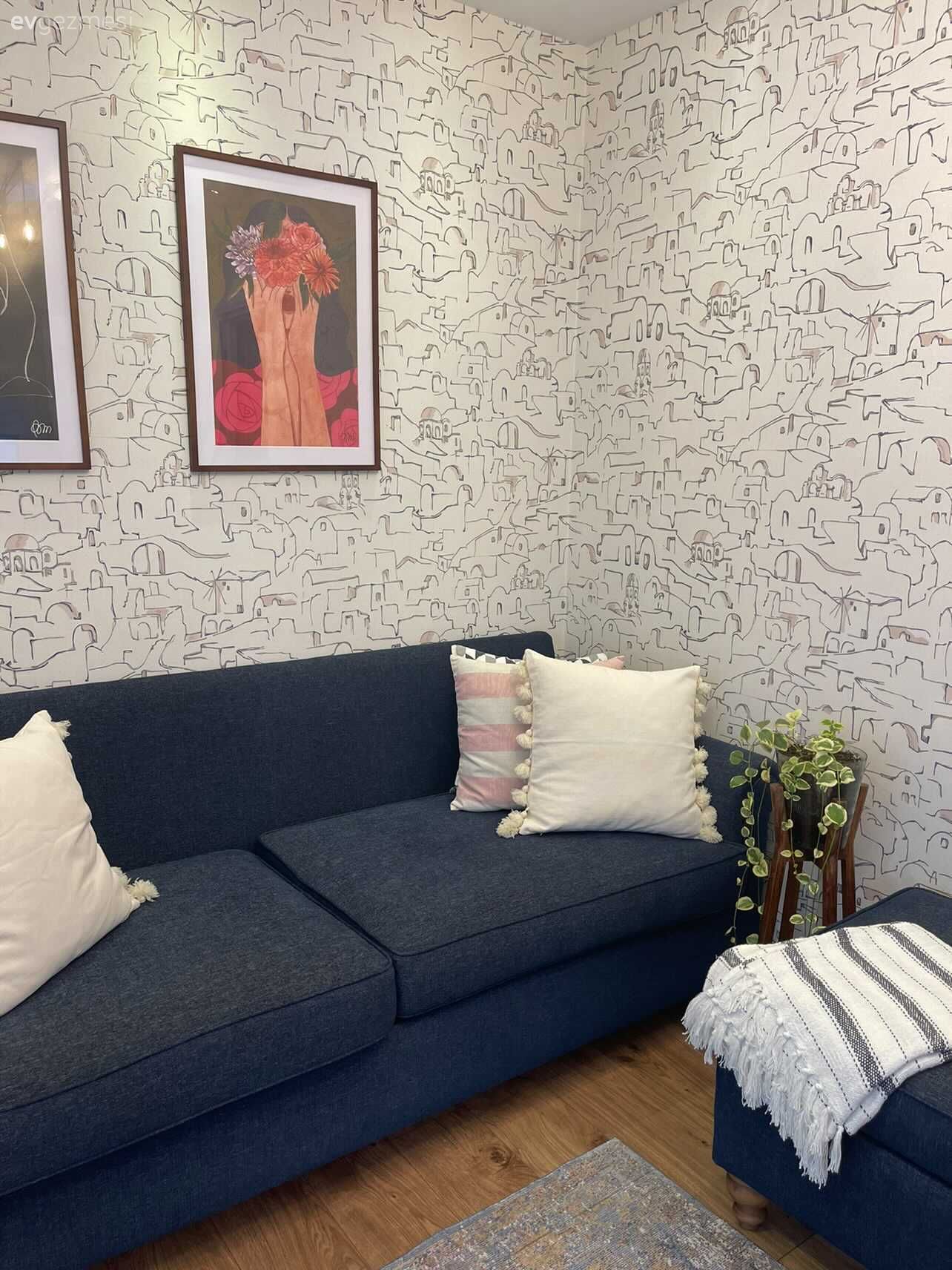 Oturma Odası, Gri, Beyaz, Tablo, Duvar dekorasyonu, Duvar kağıdı, Kırlent, Ev tekstili, Koltuk takımı, Puf, Antrasit  