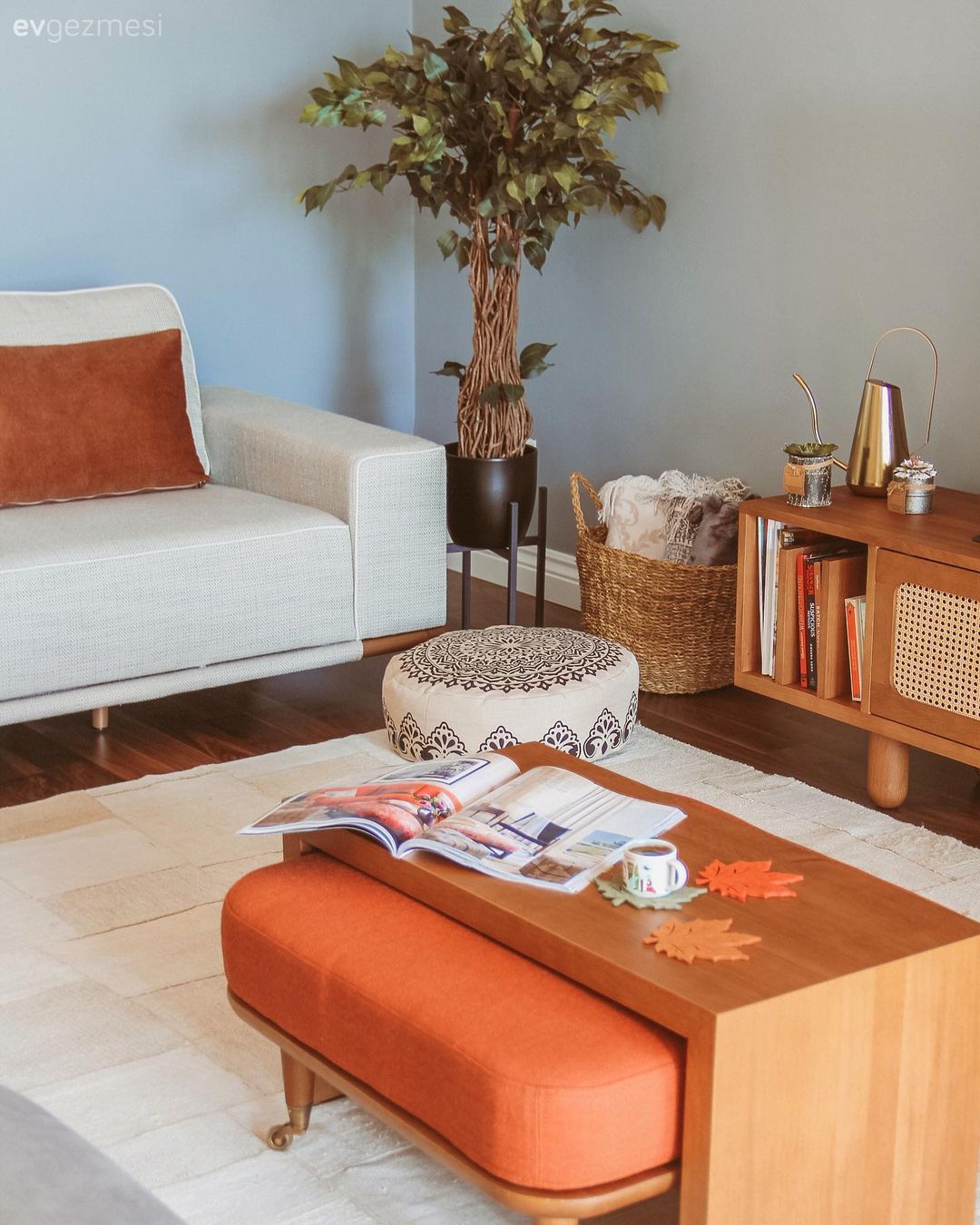 Beyaz, Turuncu, Ahşap Mobilya, Hasır sepet, Puf, Ev bitkisi, Halı, Salon halısı
