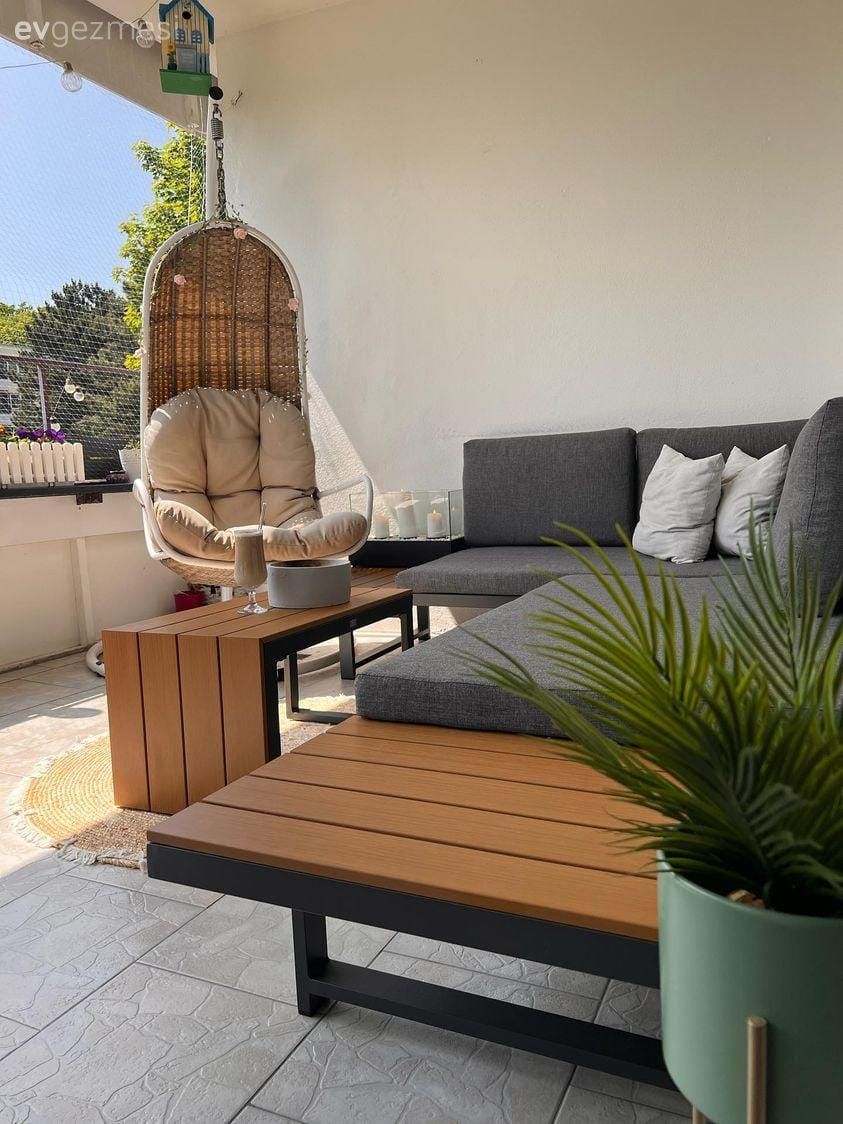 Balkon, Antrasit  , Ahşap Mobilya, Kırlent, Ev tekstili, Ev bitkisi, Saksı, Balkon masası