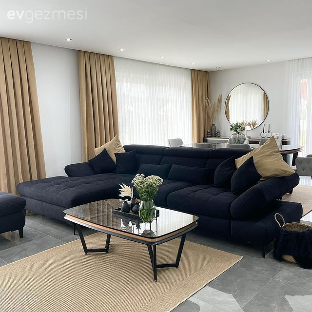 Modern, Salon, Köşe koltuk, Koltuk takımı, Antrasit  , Füme, Vizon, Krem, Sehpa, Halı, Salon halısı, Yuvarlak ayna, Dekoratif ayna, Dekoratif Objeler, Siyah