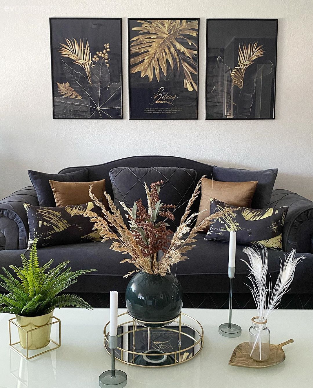 Salon, Art deko, Füme, Beyaz, Yeşil, Altın, Koltuk takımı, Tablo, Duvar dekorasyonu, Vazo, Ev Aksesuar, Çiçekler