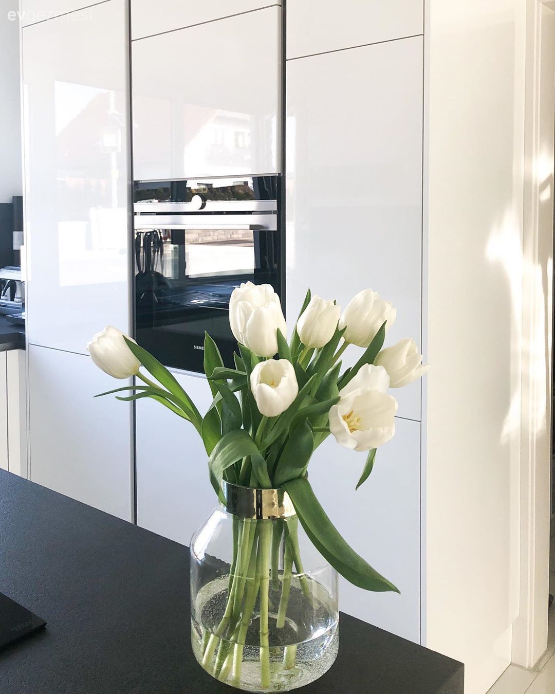 Mutfak, Beyaz, Siyah, Ekstra mutfak dolabı, Cam Ankastre, Ankastre, Mutfak tezgahı, Vazo, Ev Aksesuar, Çiçekler
