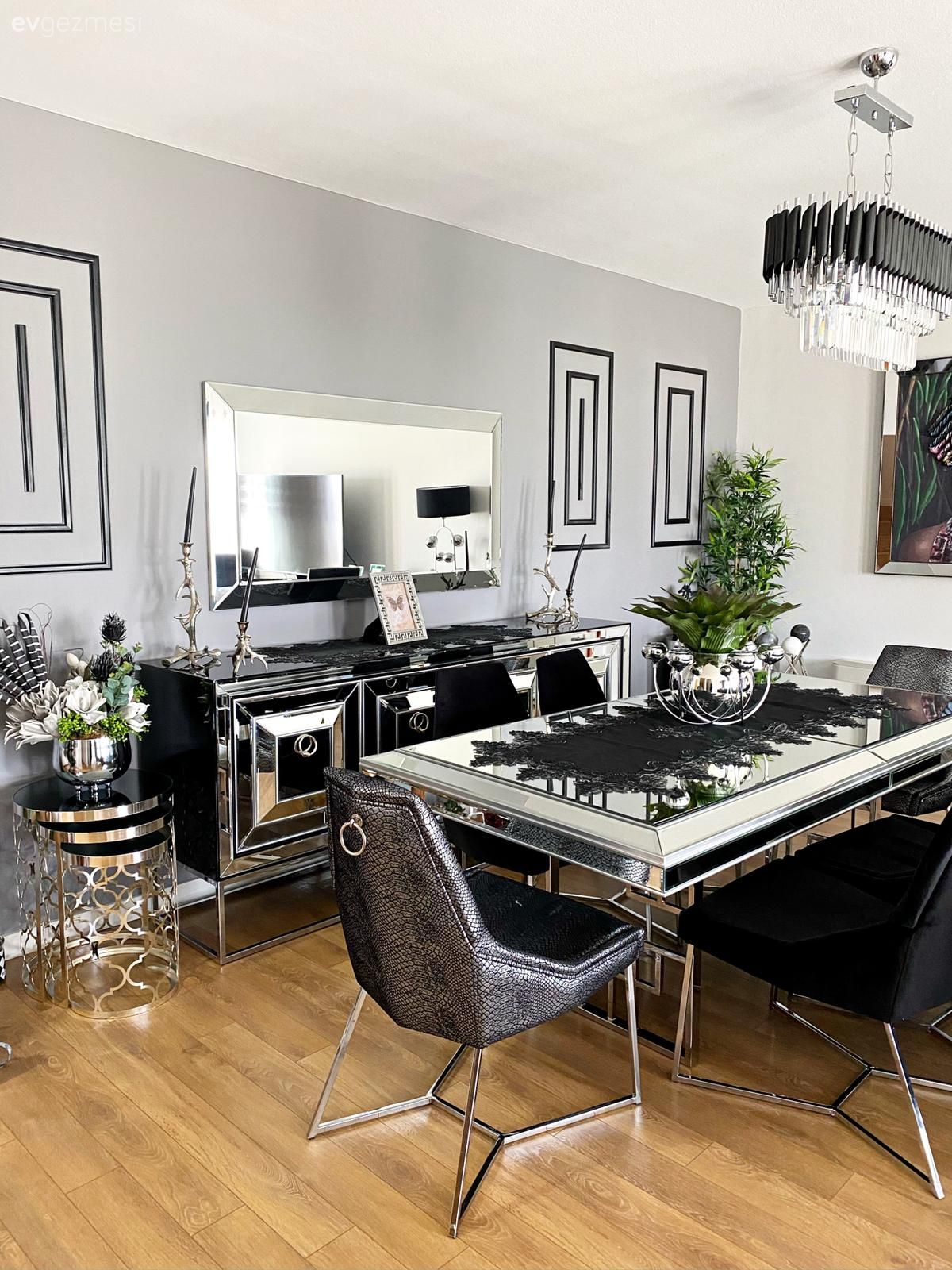 Art deko, Beyaz, Siyah, Gümüş, Sandalye, Yemek masası, Avize, Aydınlatma, Yemek odası avizesi, Aynalı mobilya, Ayna, Konsol, Duvar dekorasyonu, Dekoratif Objeler, Şamdan, Ev Aksesuar, Yan sehpa, Sehpa