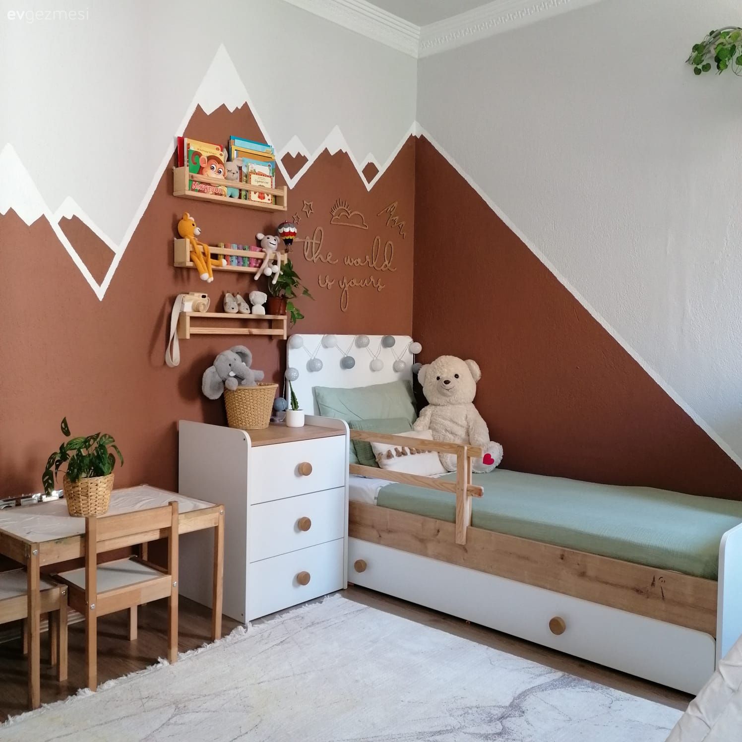 Çocuk Odası, Turuncu duvar rengi, Çocuk odası duvar dekorasyonu, Mint yeşil, Çocuk odası çalışma masası, Şifonyer, Yatak Odası