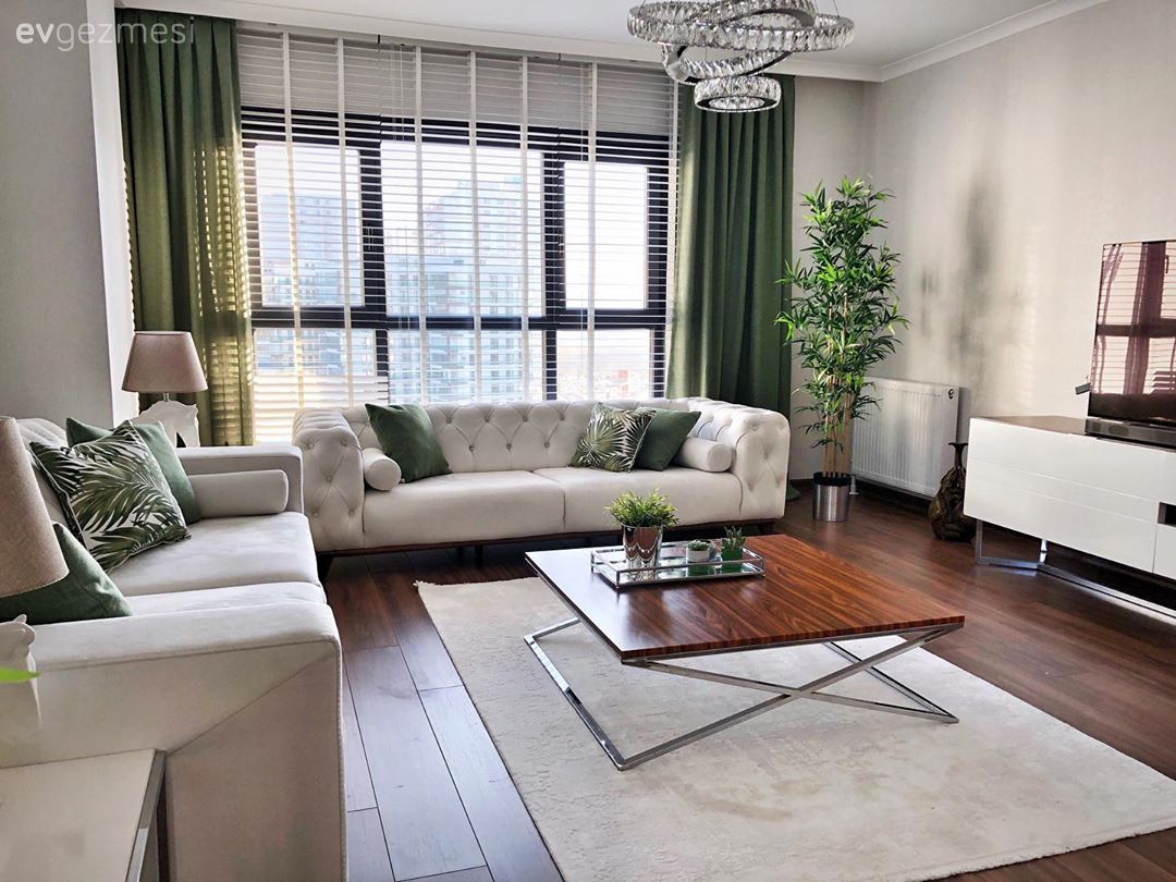 Salon, Beyaz, Yeşil, Kahverengi, Koltuk takımı, Kırlent, Ev tekstili, Jaluzi, Fon perde, Perde, Orta sehpa, Sehpa, Halı, Salon halısı, Metal ayaklı sehpa, Abajur, Aydınlatma, Avize, Salon avizesi, Puf, Ev bitkisi, Parke, Tv ünitesi, Modern