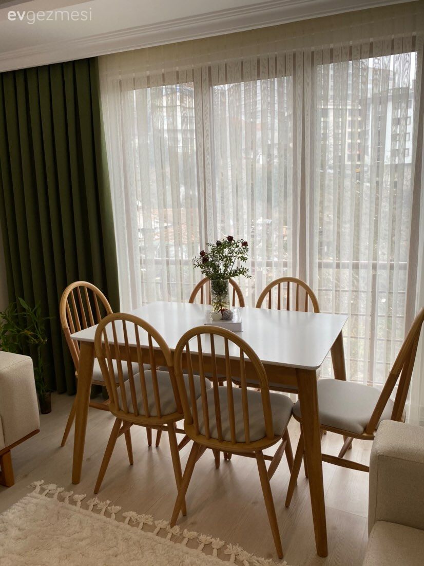 Yemek masası, Yeşil, Beyaz, Sandalye, Bohem Dekorasyon, Saksı