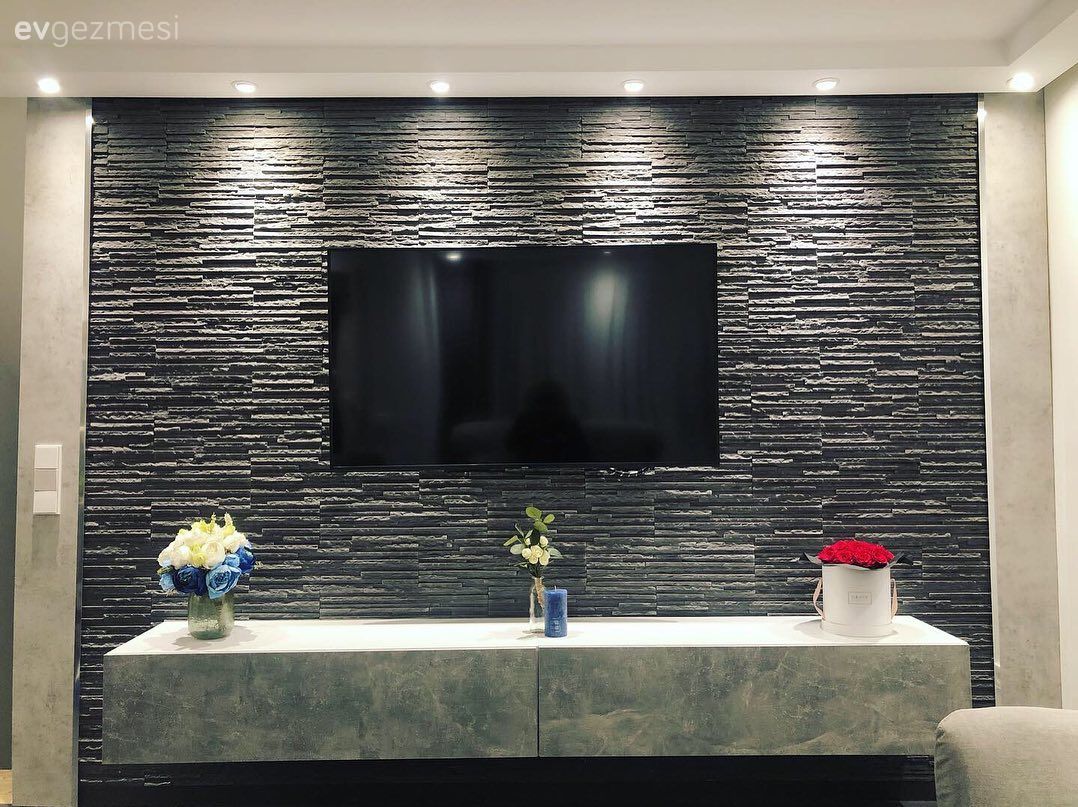 Tv ünitesi, Siyah, Öncesi / Sonrası, Taş duvar, Duvar dekorasyonu, Spot aydınlatma, Aydınlatma