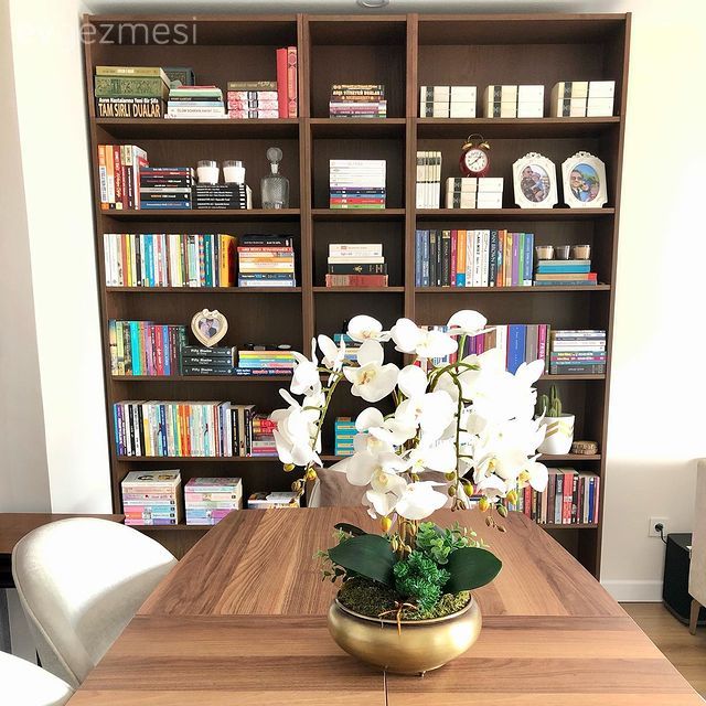 Kitaplık, Ahşap masa, Sandalye, Kahverengi, Çiçekler