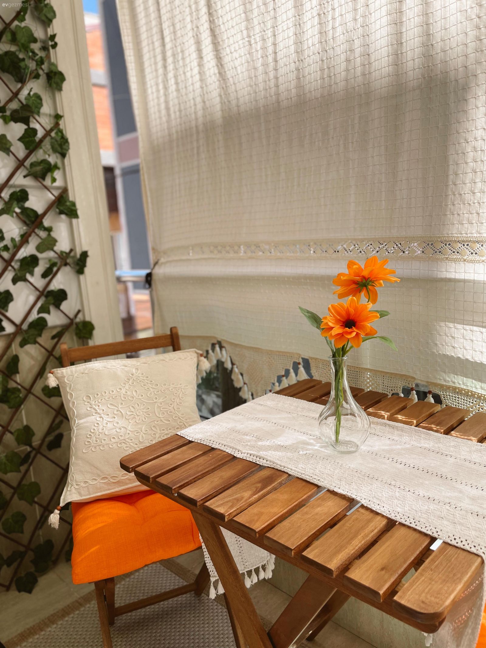 Beyaz, Turuncu, Ahşap Mobilya, Balkon masası, Sandalye