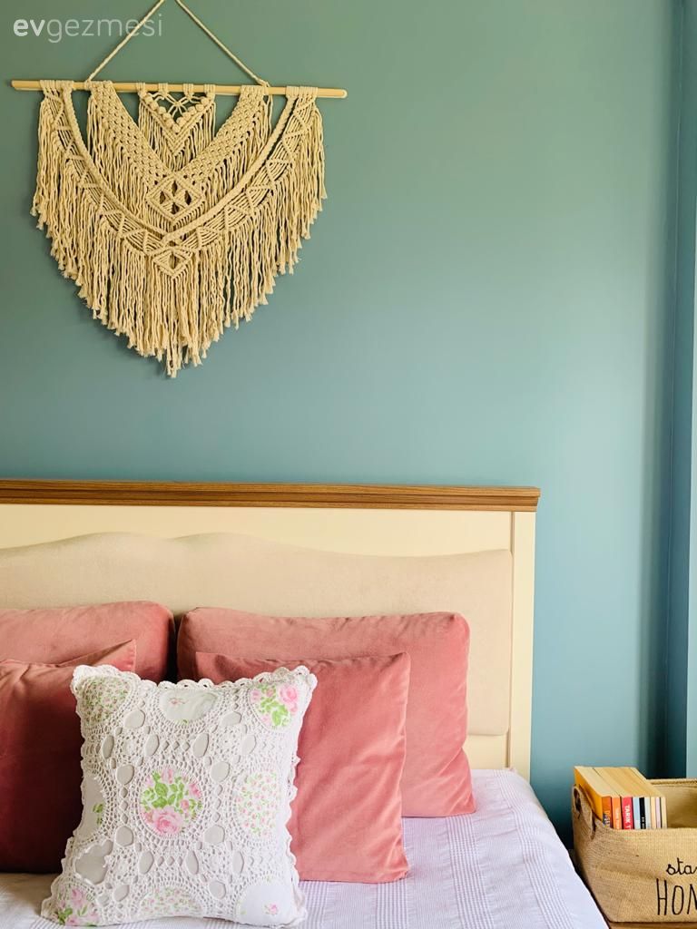 Makrome, Mavi duvar, Pembe, Kırlent, Ev tekstili