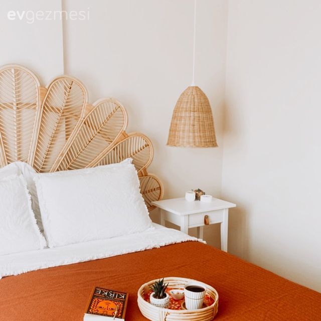 Yatak Odası, Yatak başlığı, Bohem Dekorasyon, Turuncu, Beyaz, Hasır