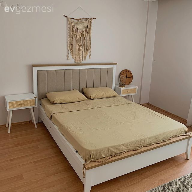 Yatak Odası, Bohem Dekorasyon, Krem, Bej, Beyaz, Makrome, Yatak başlığı, Komodin