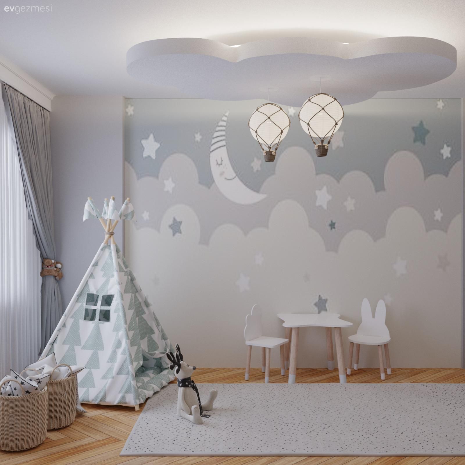 Çocuk Odası, Beyaz, Gri, Çocuk odası duvar dekorasyonu, Avize, Aydınlatma, Çocuk Odası Çadırı, Fon perde, Perde, Tül perde, Halı, Salon halısı, Çocuk odası çalışma masası, Tavan dekorasyon