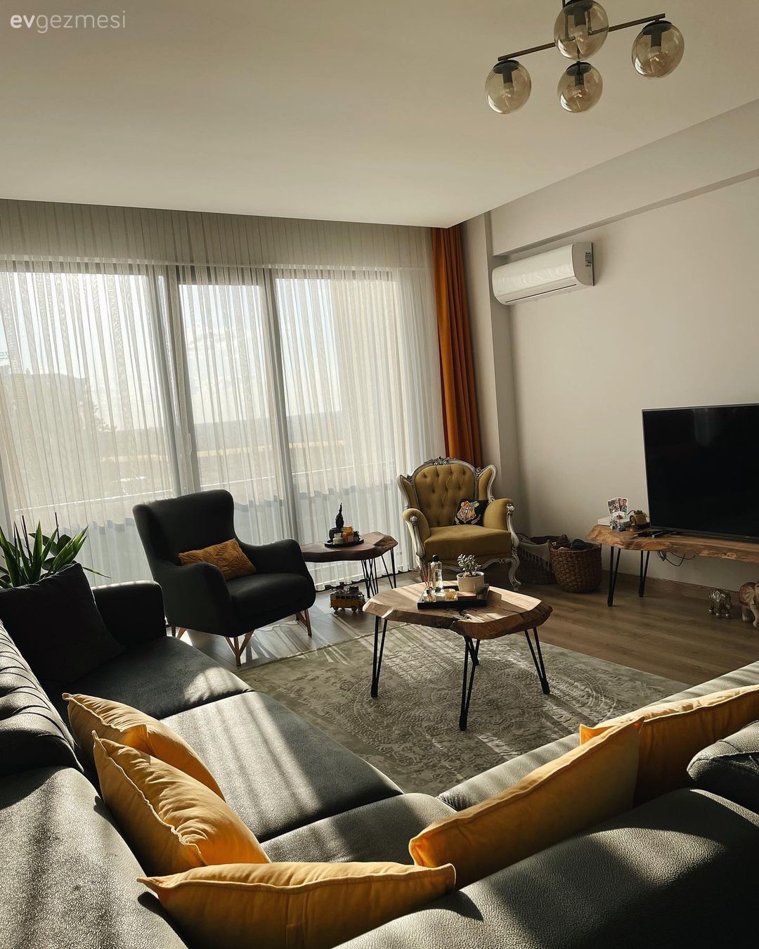 Salon, Modern, Modern rustik, Gri, Sarı, Koltuk takımı, Bej, Beyaz, Köşe koltuk, Kırlent, Ev tekstili, Orta sehpa, Sehpa, Tül perde, Perde, Fon perde, Tv ünitesi, Tv ünitesi aksesuarları, Ev Aksesuar, Ev bitkisi, Berjer, Avize, Aydınlatma