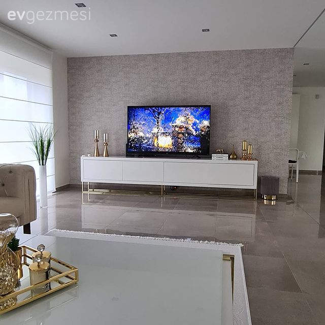 Salon, Modern, Beyaz, Bej, Vizon, Tv ünitesi, Tv ünitesi aksesuarları, Ev Aksesuar, Vazo, Orta sehpa, Sehpa, Koltuk takımı