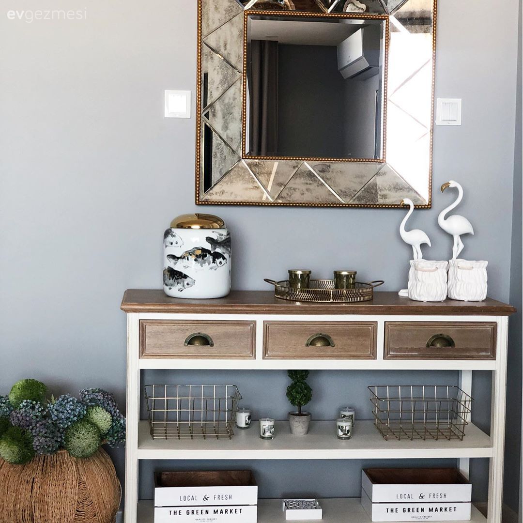 Konsol, Krem, Altın, Beyaz, Konsol üzeri dekoratif objeleri, Ayna, Hasır vazo, Ev Aksesuar