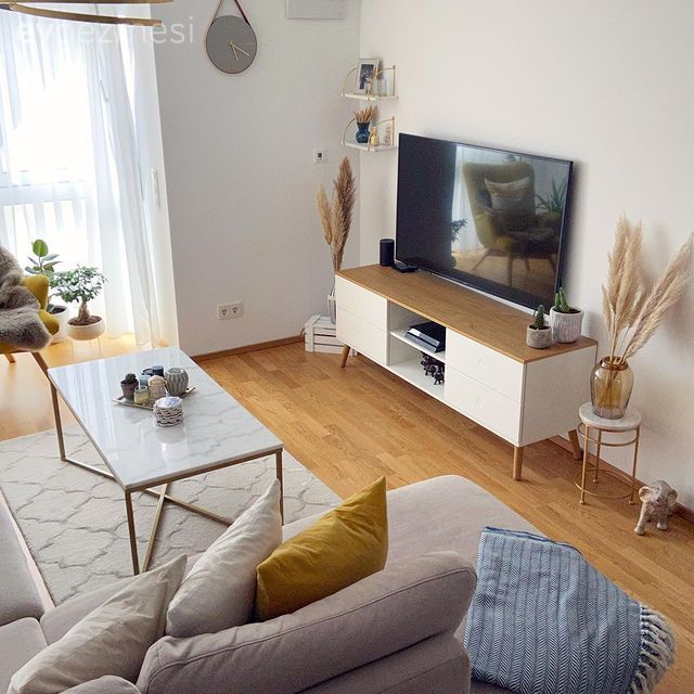 Salon, Gri, Sarı, Tv ünitesi, Tv ünitesi aksesuarları, Ev Aksesuar, Orta sehpa, Sehpa, Halı, Kırlent, Ev tekstili, Tül perde, Perde, Parke