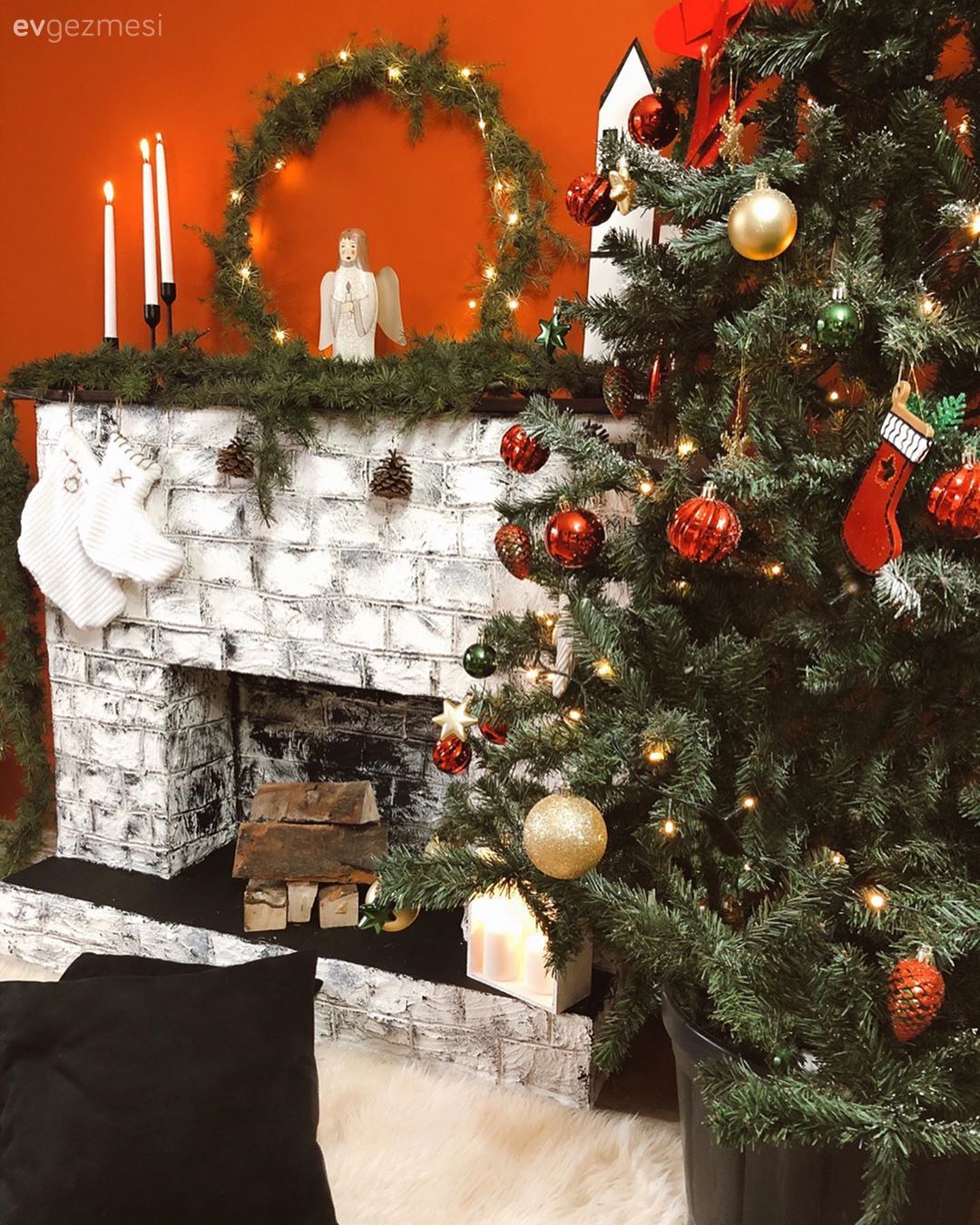 Turuncu, Turuncu duvar rengi, Dekoratif şömine, Kendin Yap, Çam ağacı, Şamdan, Ev Aksesuar, Dekoratif Objeler, Peluş, Bohem Dekorasyon