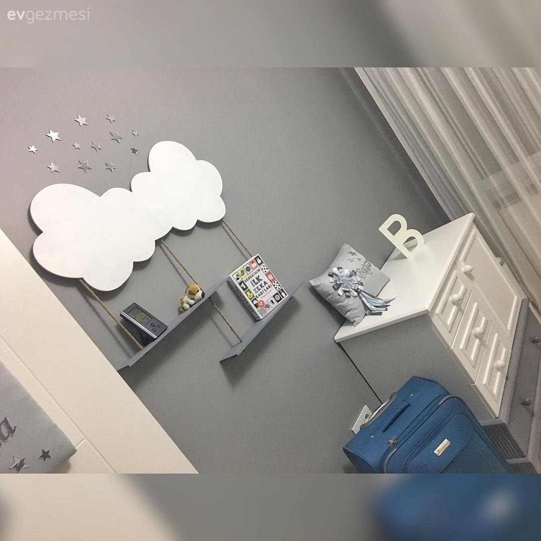 Çocuk Odası, Gri, Beyaz, Çocuk odası duvar dekorasyonu, Duvar dekorasyonu, Duvar rafı, Şifonyer, Yatak Odası