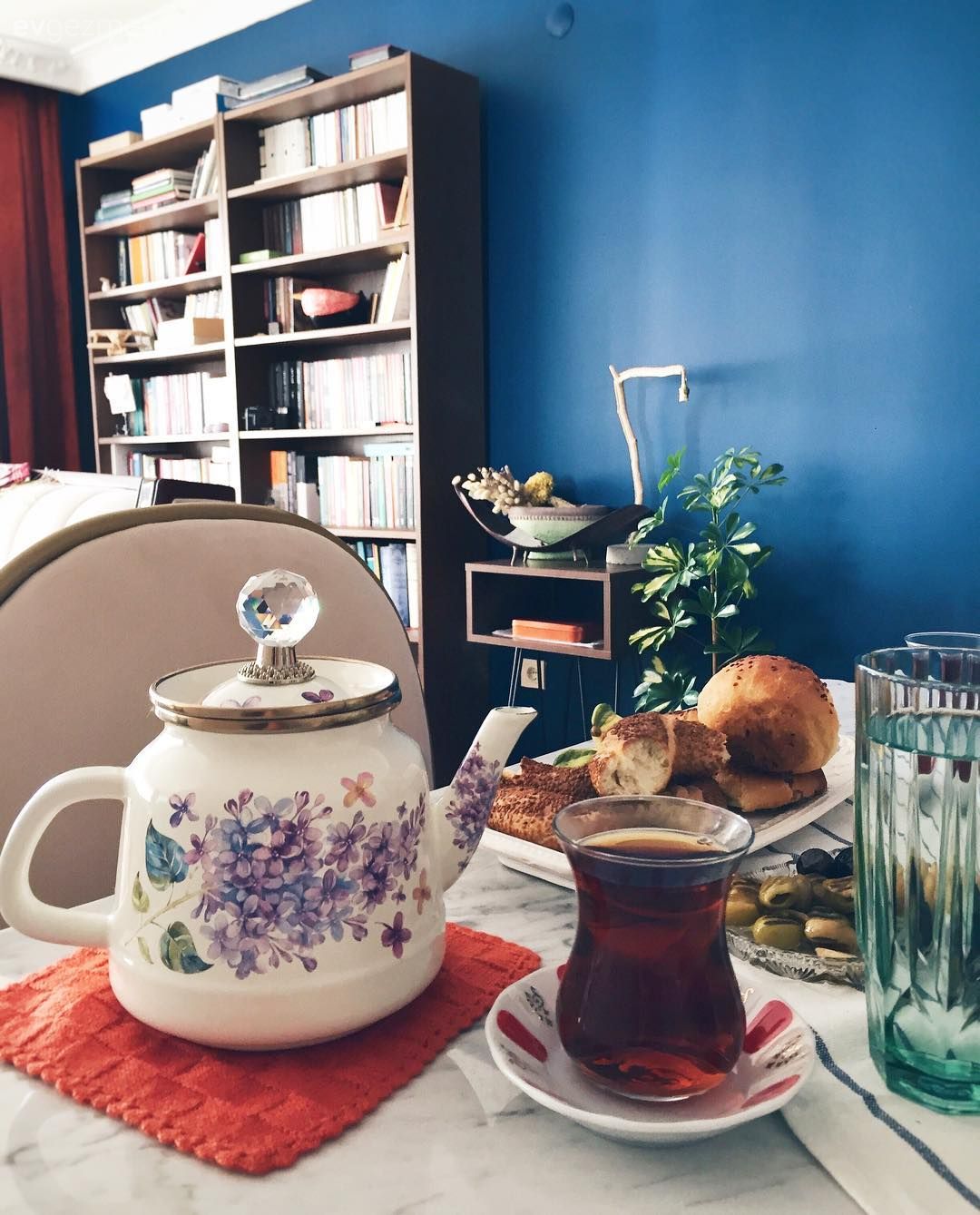 Salon, Mavi duvar, Kitaplık, Fon perde, Perde, Turuncu, Metal ayaklı sehpa, Sehpa, Ev bitkisi, Sandalye