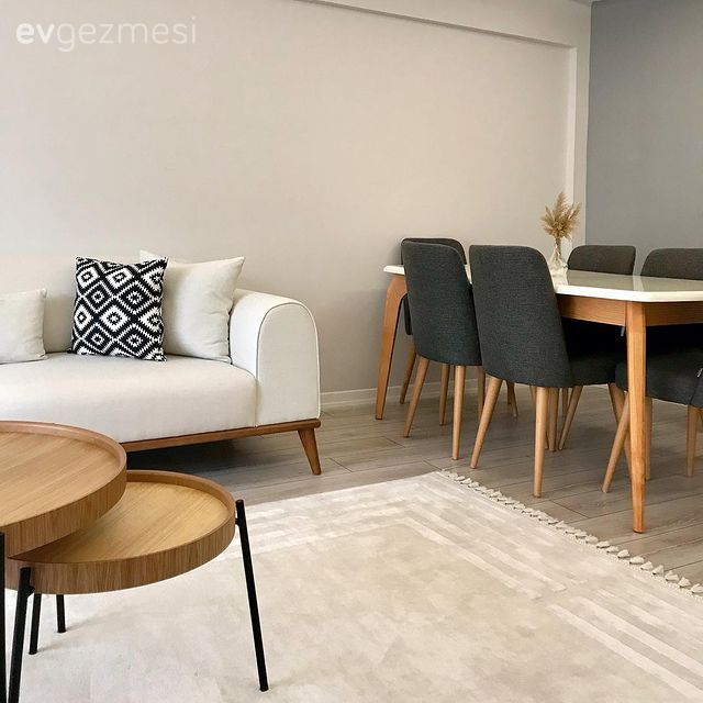 Salon, Modern, Beyaz koltuk, Koltuk takımı, Orta sehpa, Sehpa, Ahşap Mobilya, Halı, Salon halısı, Ev bitkisi, Krem duvar, Siyah, Kırlent, Ev tekstili, Sandalye, Yemek masası