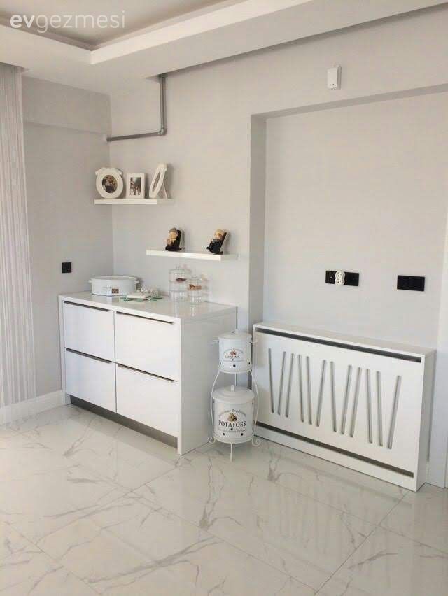 Mutfak, Mutfak duvar dekorasyonu, Ekstra mutfak dolabı, Beyaz, Gri duvar, Çerçeve