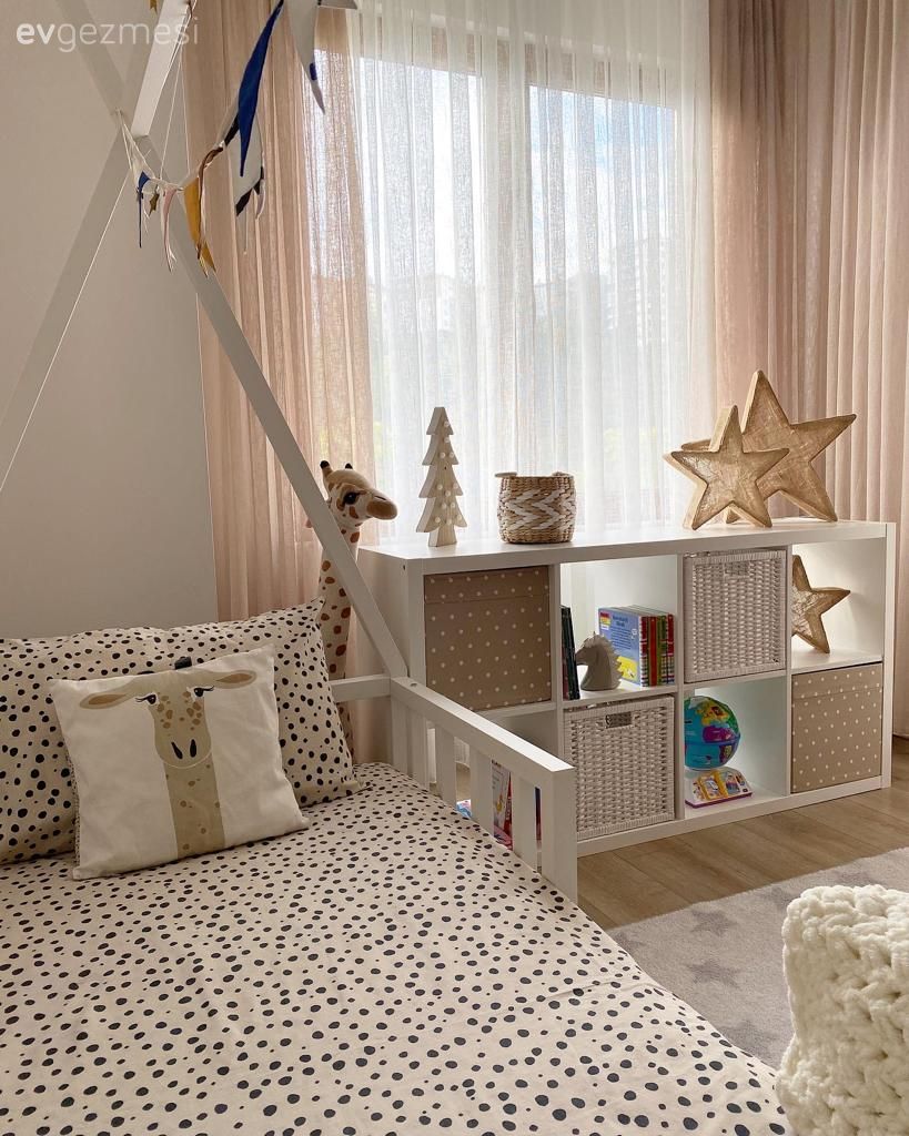 Çocuk Odası, İskandinav, Beyaz, Ahşap Mobilya, Hasır, Çocuk odası duvar dekorasyonu, Tül perde, Perde, Çocuk odası halısı, Pudra pembe