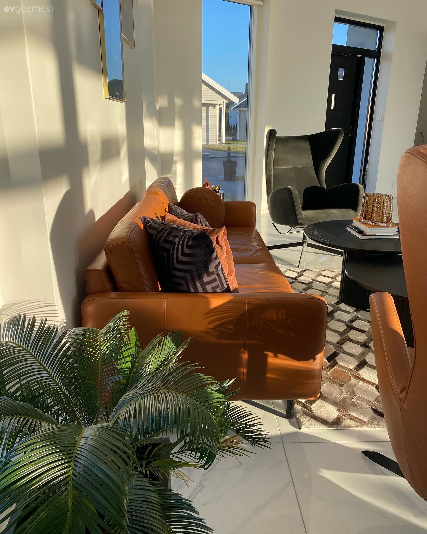 Salon, Modern, Yanık turuncu, Bej, Siyah, Vizon, Koltuk takımı, Berjer, Halı, Salon halısı, Açık konsept yaşam alanı, Ev bitkisi, Orta sehpa, Sehpa, Kırlent, Ev tekstili, Amerikan Mutfak, Mutfak, Siyah mutfak, Kulpsuz mutfak dolabı, Ada mutfak, Mutfak zemin seramikleri, Saksı