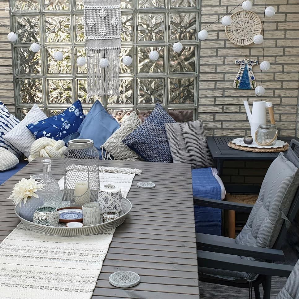 Balkon, Balkon oturma grubu, Kahverengi, Mavi, Balkon masası, Balkon duvar dekorasyonu