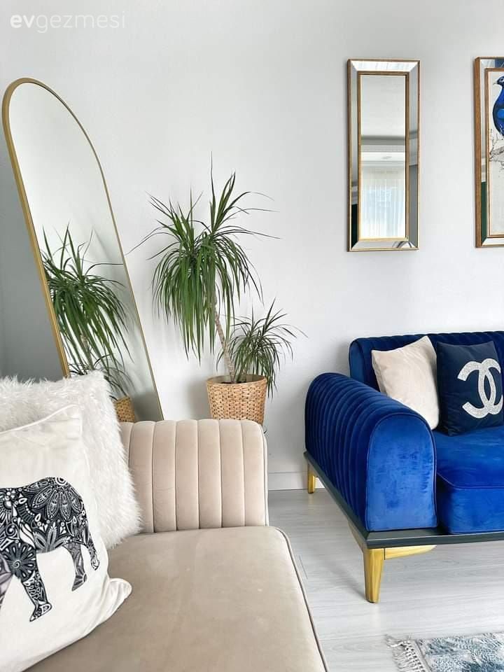Salon, Krem, Beyaz, Parlament mavisi, Koltuk takımı, Kırlent, Ev tekstili, Boy aynası, Ayna, Ev bitkisi, Saksı, Tablo, Duvar dekorasyonu